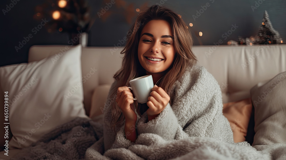 A Cheerful young woman drinking coffee while sitting under the covers on the couch at home in winter. Generative Ai