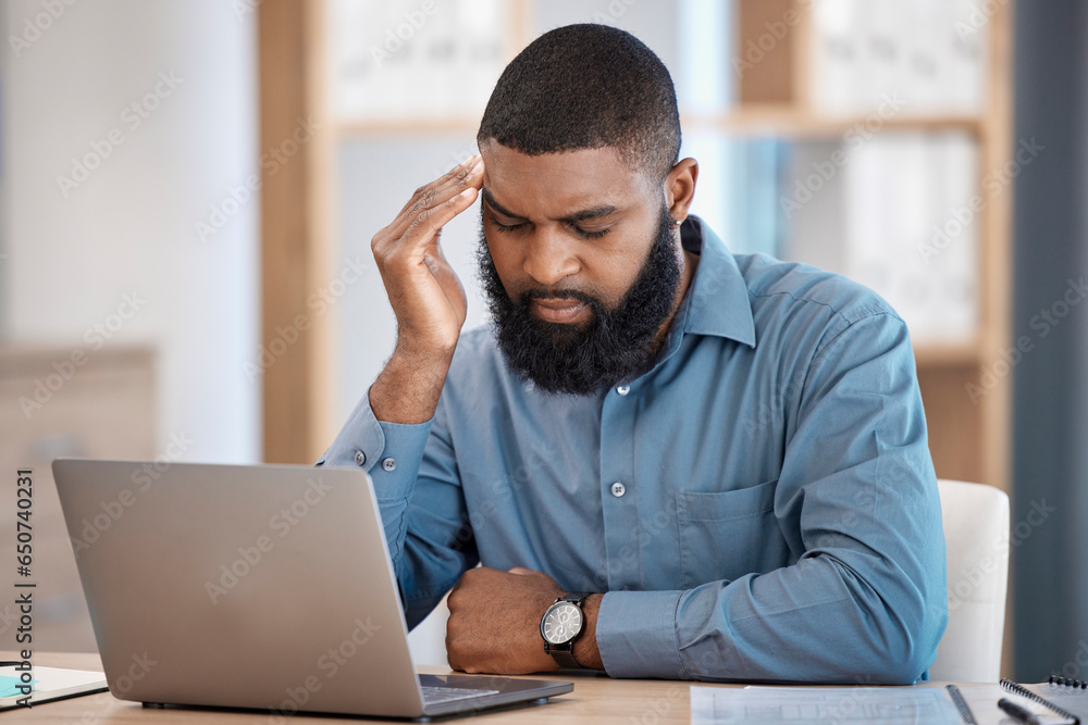 Business man, headache and tired on laptop of stock market risk, financial mistake or thinking of bad investment. African trader with depression, stress or confused for trading decision in his office