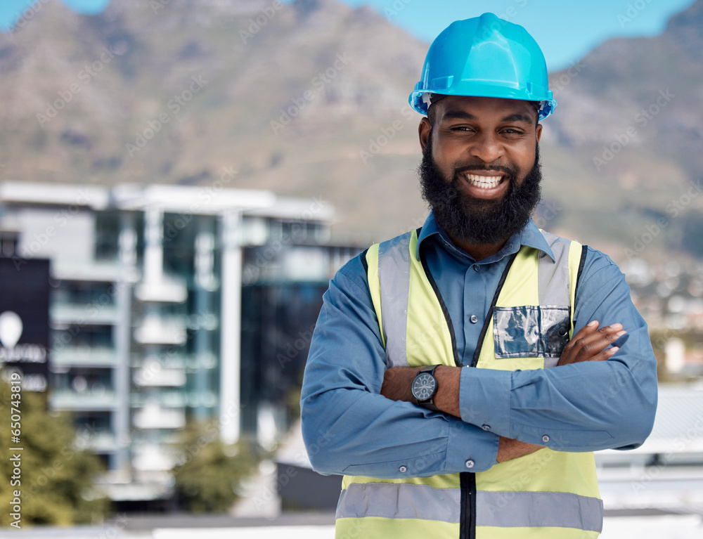 Man, engineering portrait and arms crossed for city construction, project management or outdoor building design. Happy face of african worker in architecture, urban development or property leadership