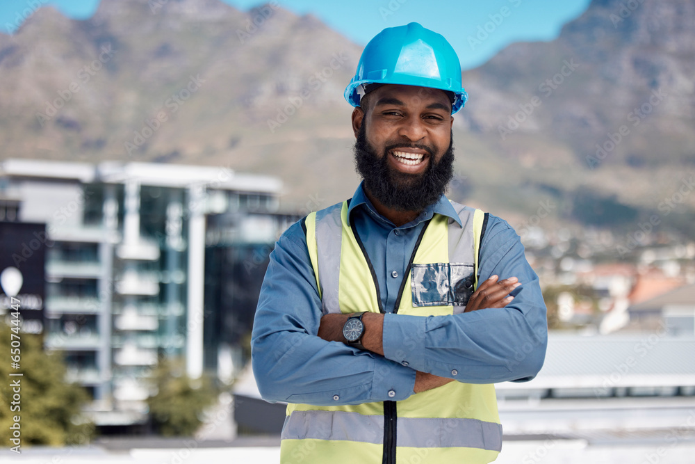 Man, architecture portrait and arms crossed for city construction, project management or outdoor building design. Happy face of african worker in engineering, urban development or property leadership