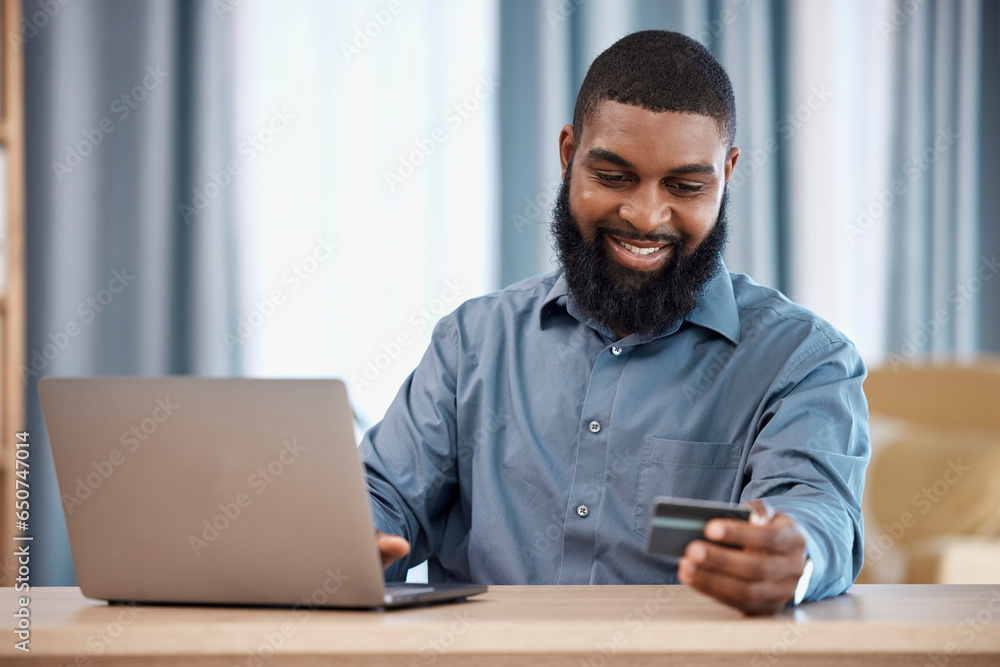 Business man, credit card and laptop for office online shopping, e commerce payment and happy loan. African employee on computer for web banking, financial investment or registration for debit order