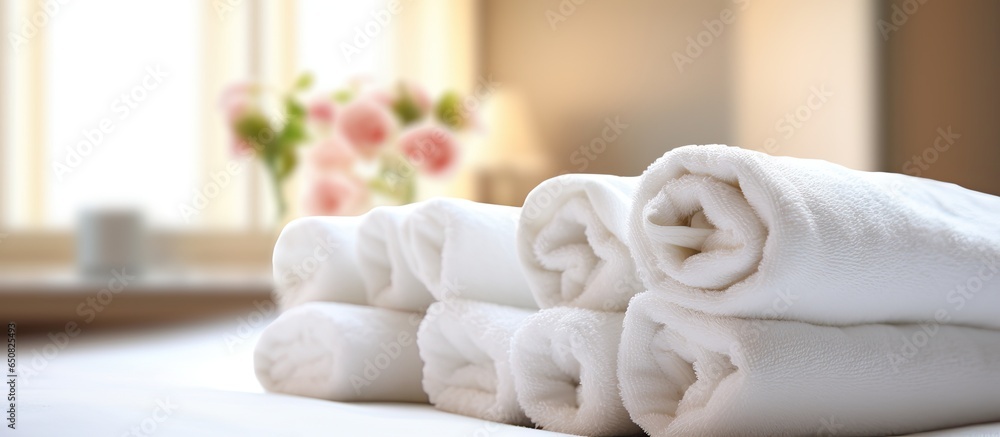 Tidy white towels on bed with blurred backdrop Good for hospitality hotels and interiors