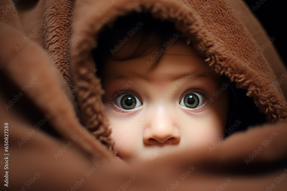 Close-up portrait of a surprised little baby boy in a brown blanket