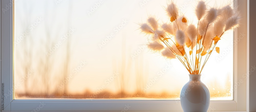 Sunset inspired Scandinavian home decor with fluffy dried flower vase on window sill