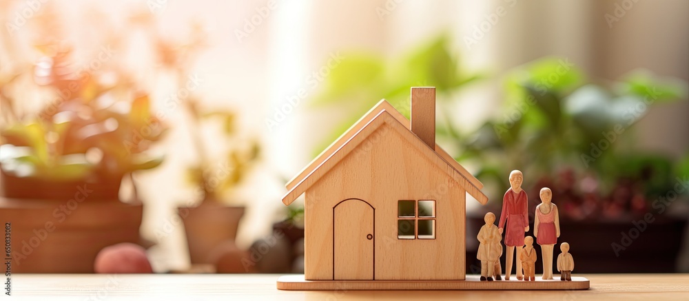 Family housing with wooden figurines of parents and children and a small model house Miniature light wood figurines on a table in a bright room with a blurred background