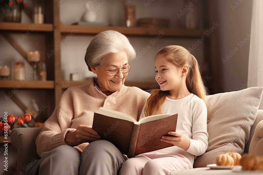 Granddaughter and grandmother reading a book together, sharing love and learning together at home.