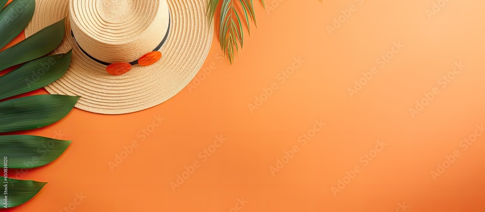 Summer themed items arranged on a sandy background with palm leaf shadows showcasing a sunny beach day