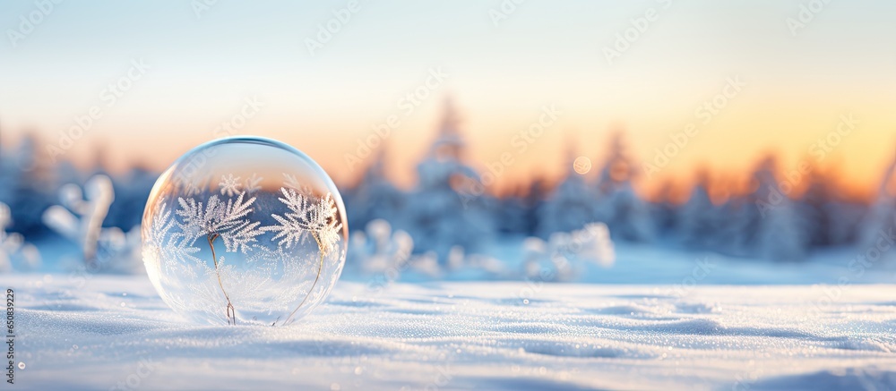 Snow covered Christmas ball made of clear glass