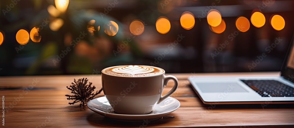 Laptop and cappuccino on coffee shop table Coffee shop morning work