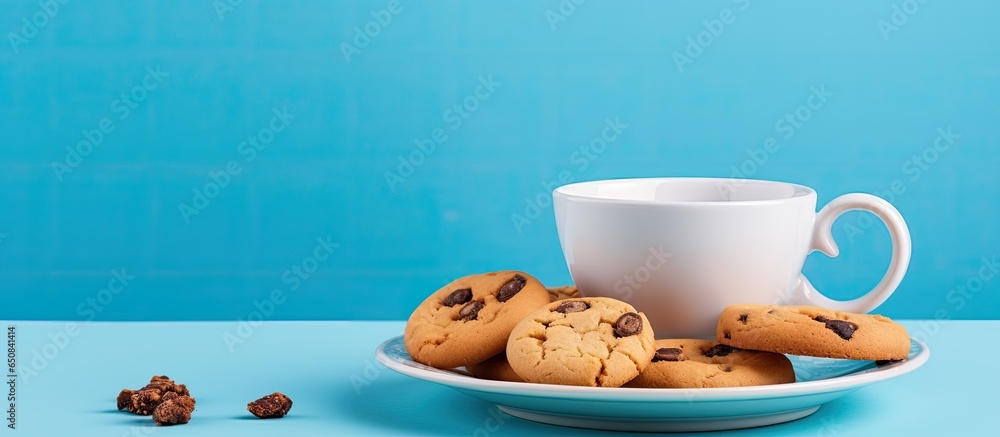 Tea and cookies on a blue backdrop