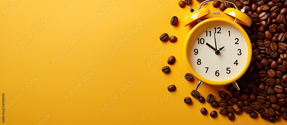 Yellow background with a creative idea and a minimalist coffee clock