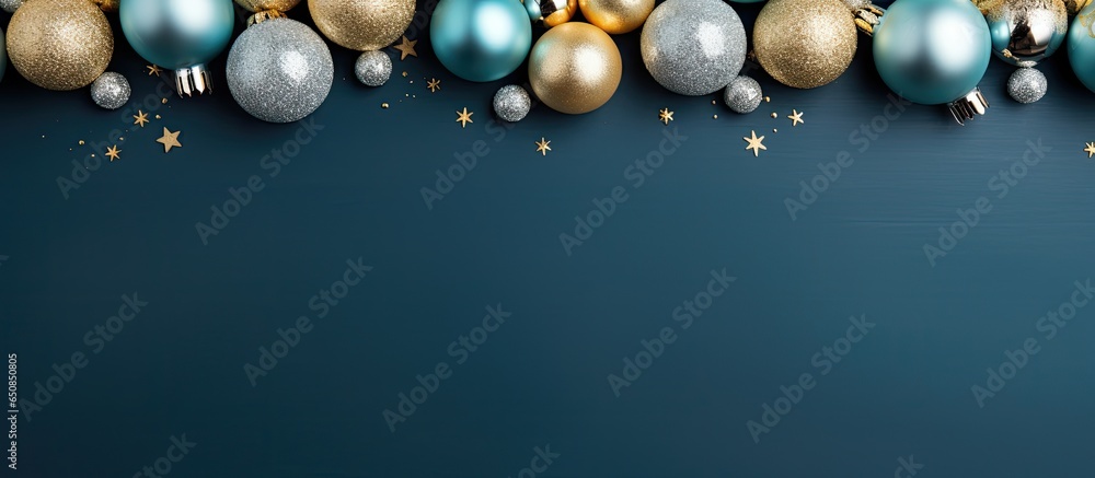 Overhead view of a blue background with Christmas ornament flat lay