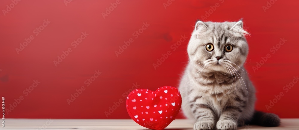 Valentine s Day card featuring adorable Scottishfold cat and red heart