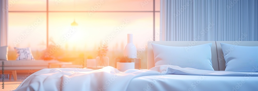 white interior bedroom with sunlight flare shine on it, Generative Ai