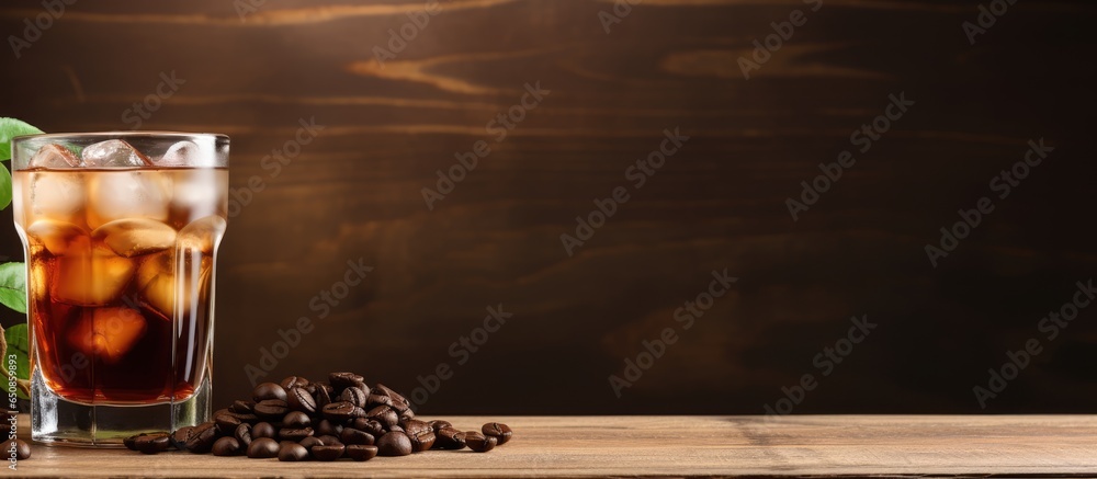 Cold brew and coffee beans on a table with glass