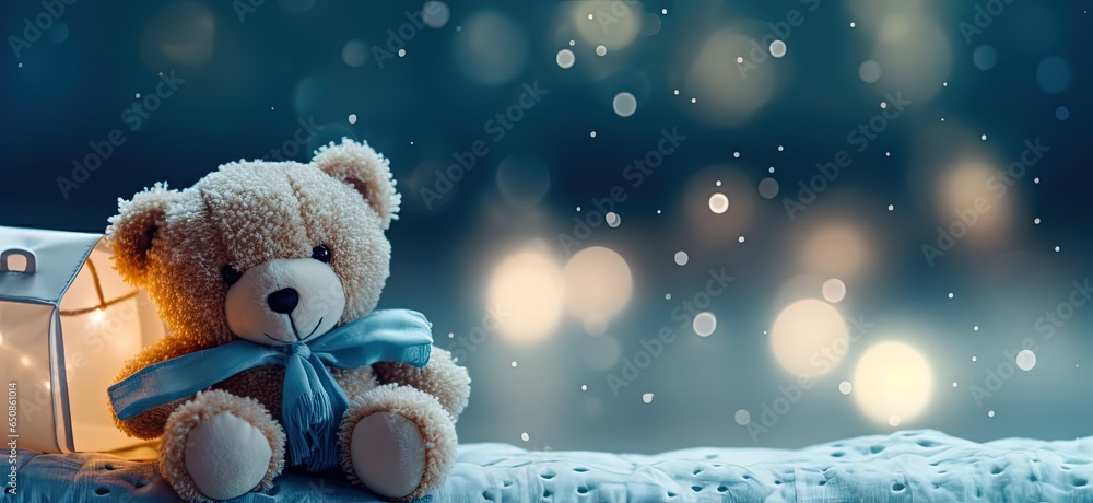 cute stuffed animal toy teddy bear sitting on snow fall ground with bokeh ligght, Generative Ai	