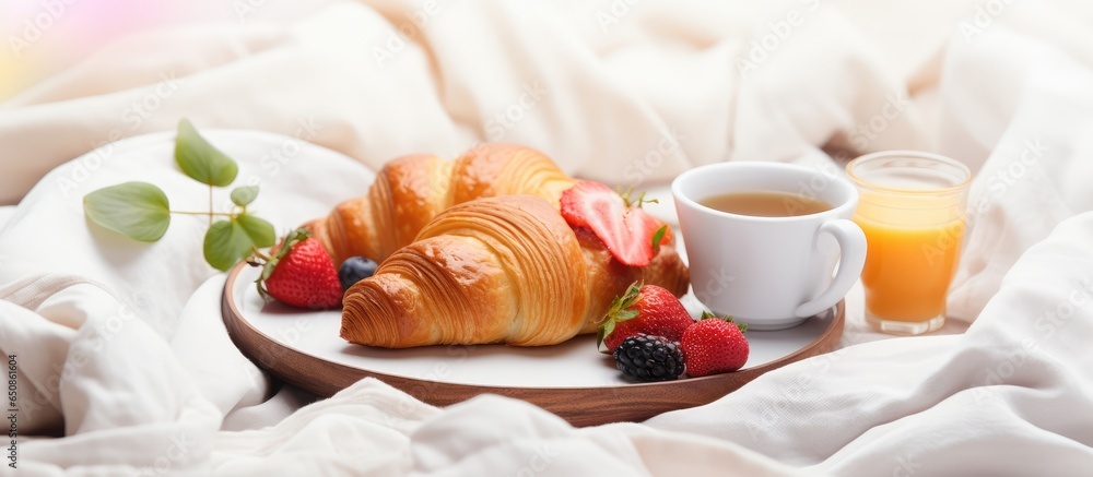 In room breakfast service at hotels with a tray of bread coffee and juice for a cozy and nourishing morning meal experience