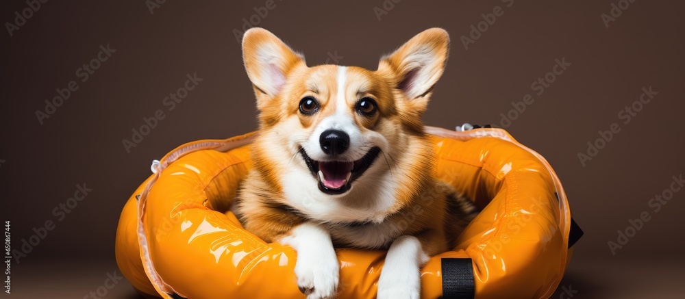 Corgi recovering from knee surgery in crate with inflatable collar