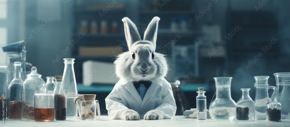 Gray rabbit sitting in lab