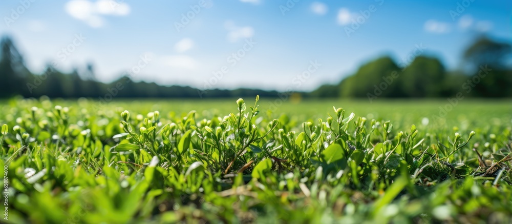 Selective focus on blue sky green lawn