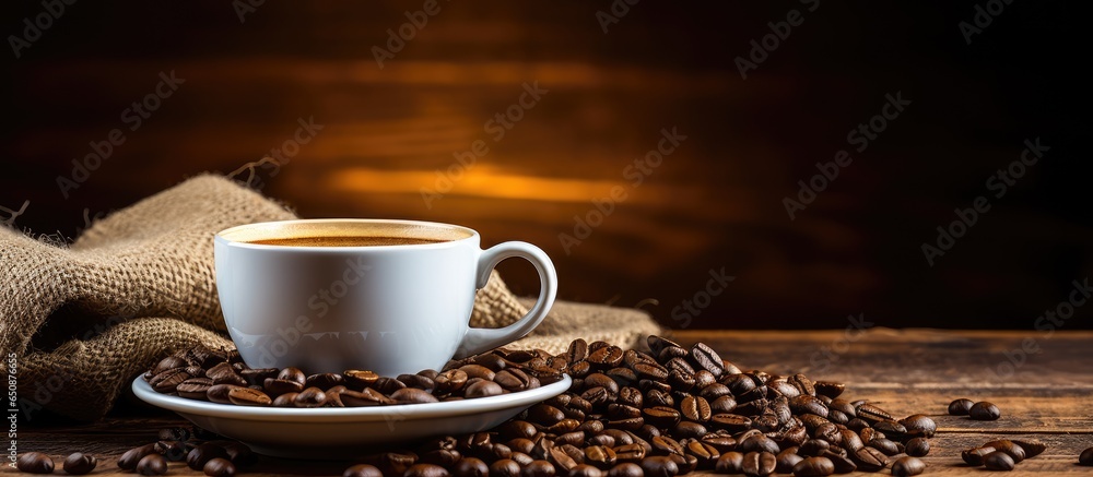 Vintage color tone coffee cup and beans on wooden table with sack background