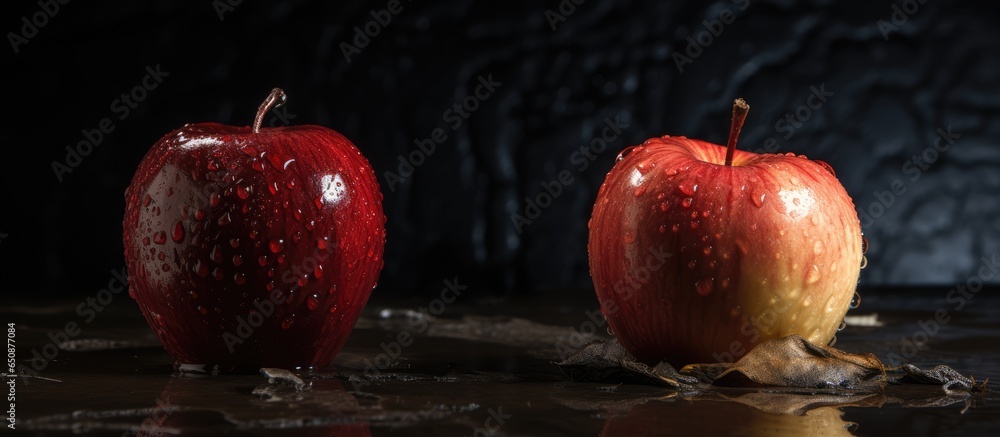 Contrasting red apples rotten and fresh side view on dark background