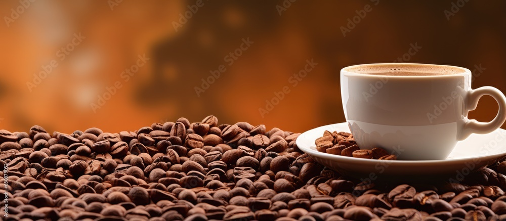 Coffee cup on white table with coffee beans in daylight