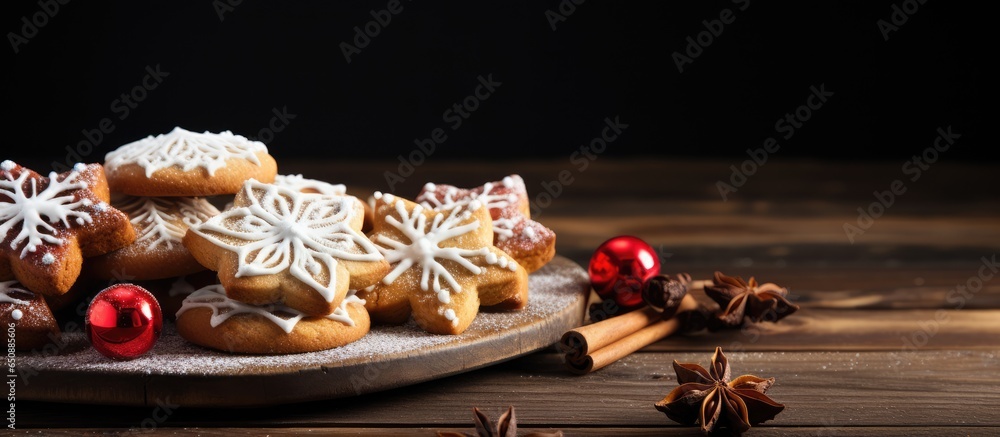 Christmas cookies arranged on a wooden table