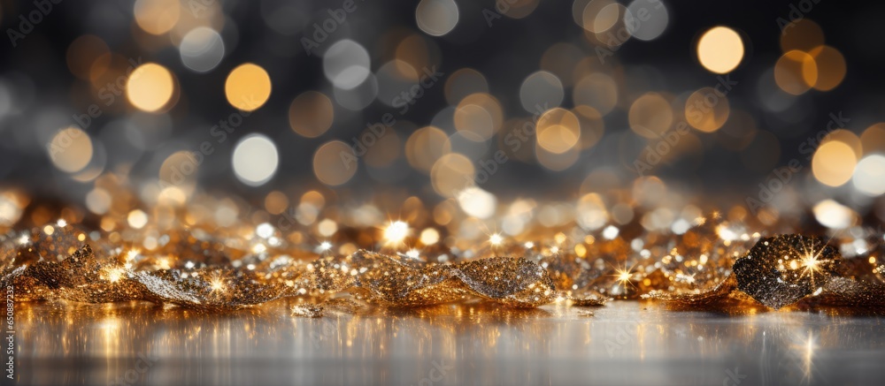 Blurred gold silver and white vintage lights background with glitter