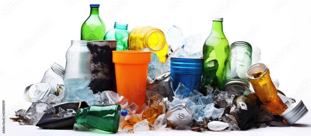 Various recyclable waste materials separated on white background