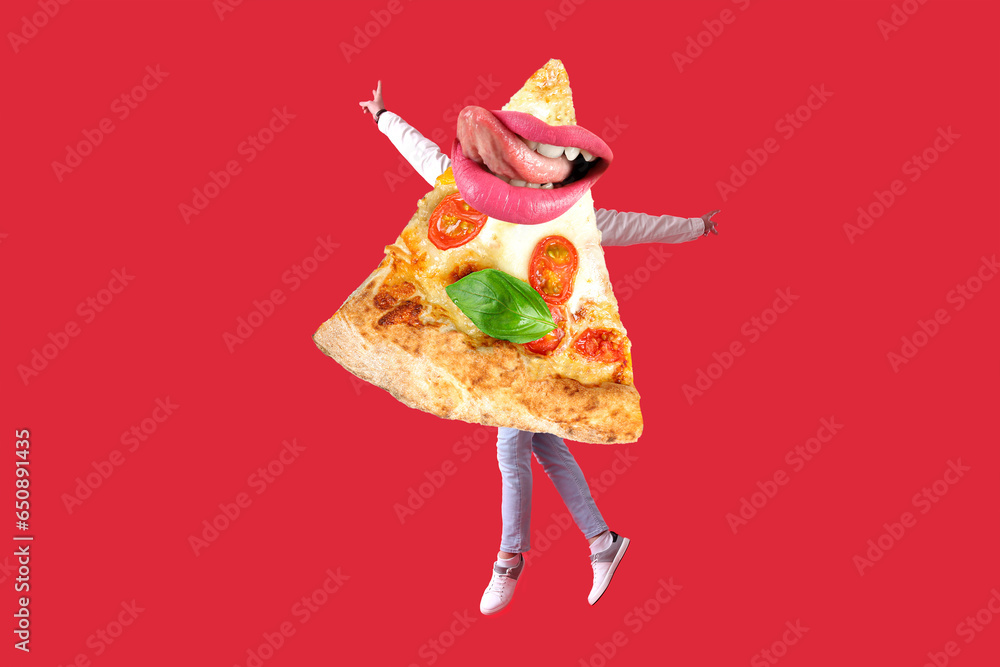 Jumping slice of tasty pizza with human hands, lips and legs on red background