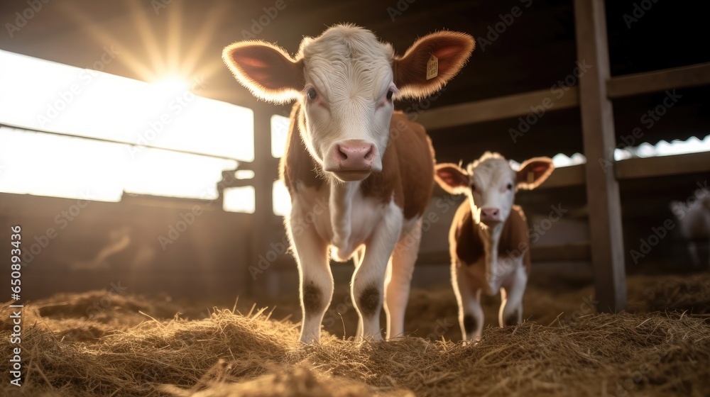 A cow with a small calf is standing in a cowshed.