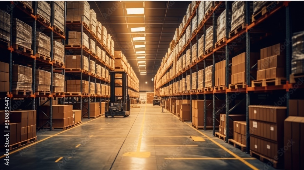 Warehouse, Logistics, A large warehouse with numerous items, Rows of shelves with boxes.