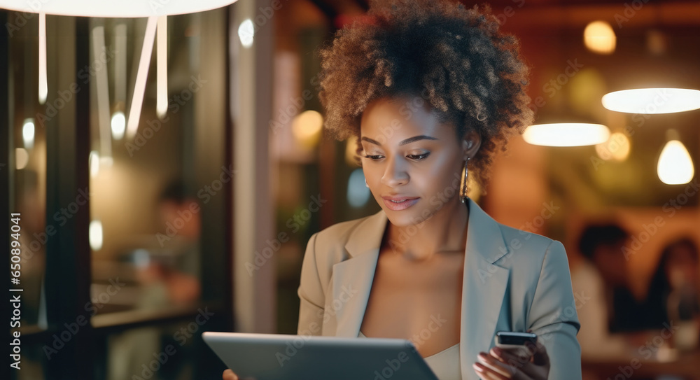 Black woman working with tablet for research online and reading digital report, Corporate and technology concept.