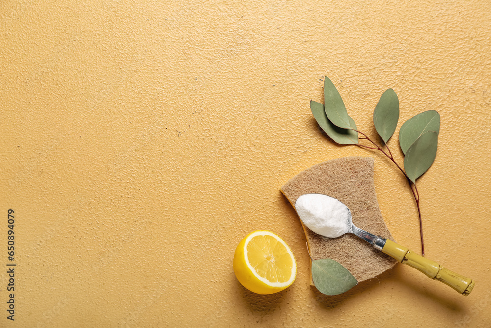 Spoon of baking soda, cleaning sponge, lemon and eucalyptus branch on color background