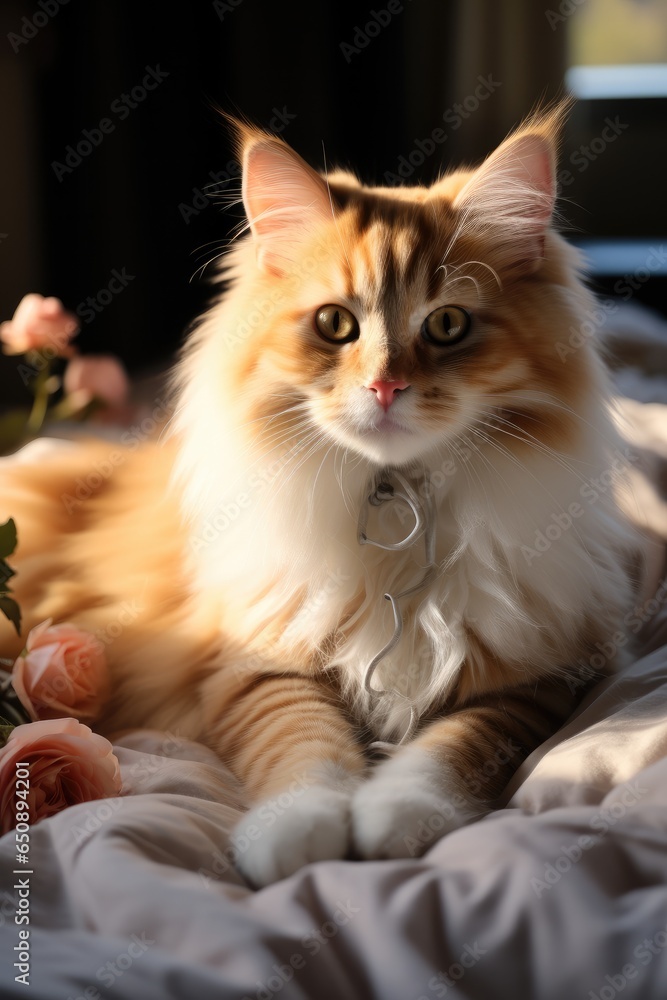 Brown cat is sitting on a bed.