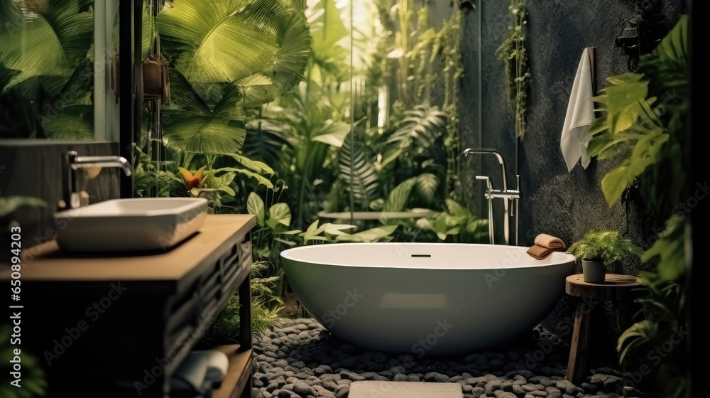 Modern bright bathroom and a variety of green plants of deep forest style.