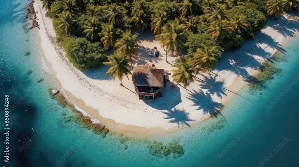 Bungalow on an amazing tropical island with white sand beach and coconut palm trees, Top view.