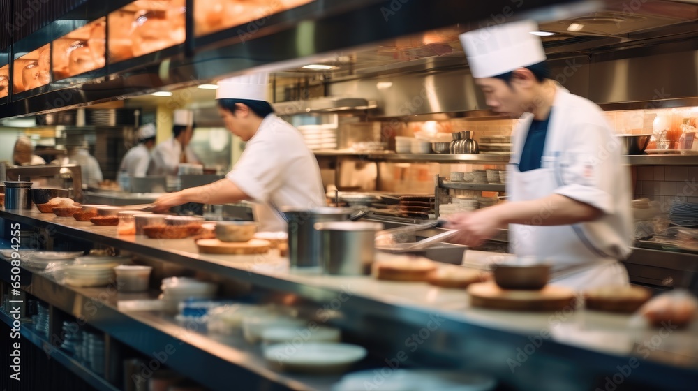 Chef preparing food, Busy Japanese restaurant, Staff in motion.