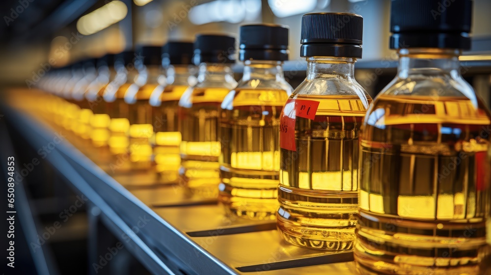 Factory production line efficiently filling bottles with refined sunflower seed oil.