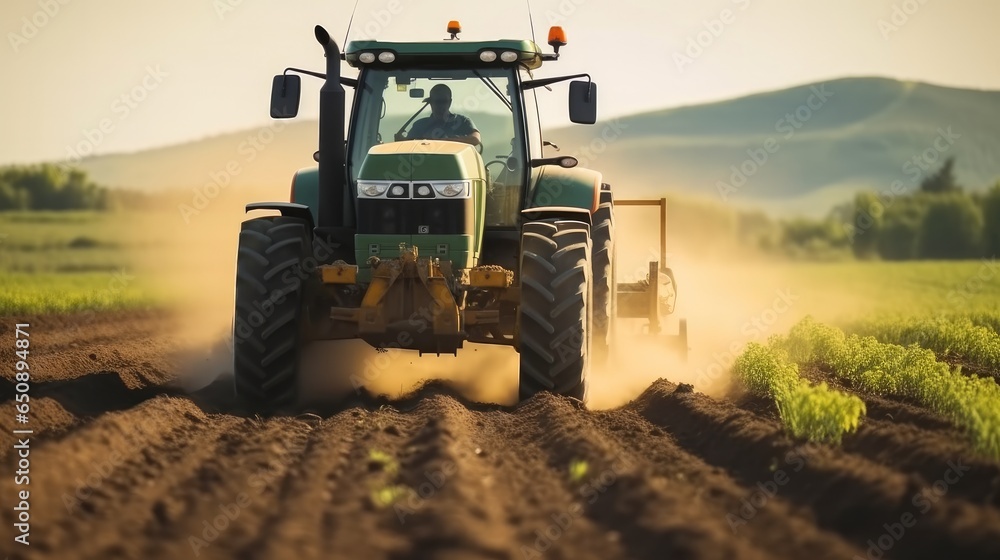 Farmer using a tractor and planting implement, Plants potatoes in the fertile farm fields.