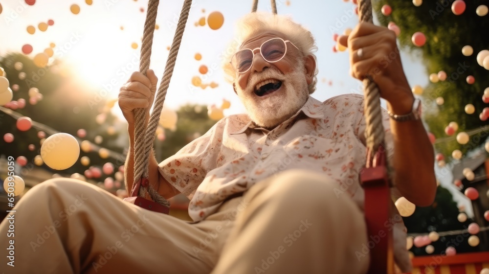 Happy elderly man has fun on the swing, Enjoy and happiness.