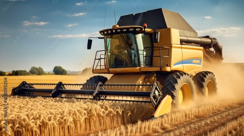 Harvesting machine in golden wheat field, Agriculture concept.