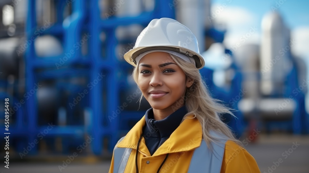 Industrial Woman working at oil refinery.