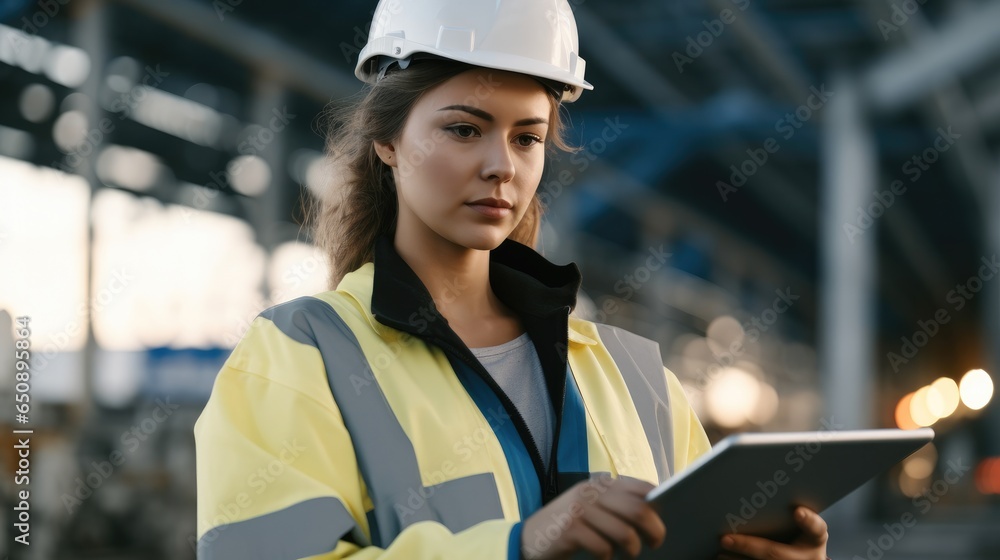 Female worker using digital tablet working and checking in a chemical plant.