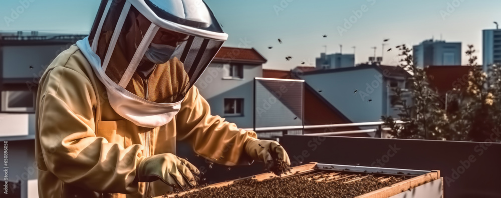 Man in protective beekeeper suit are working at beehives, Beekeeping in large towns concept.