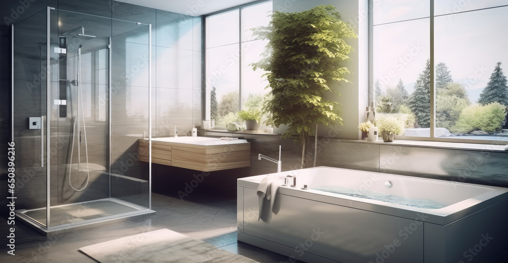 Luxury modern bathroom, Modern bathroom with a tiled bathtub and walk-in shower.