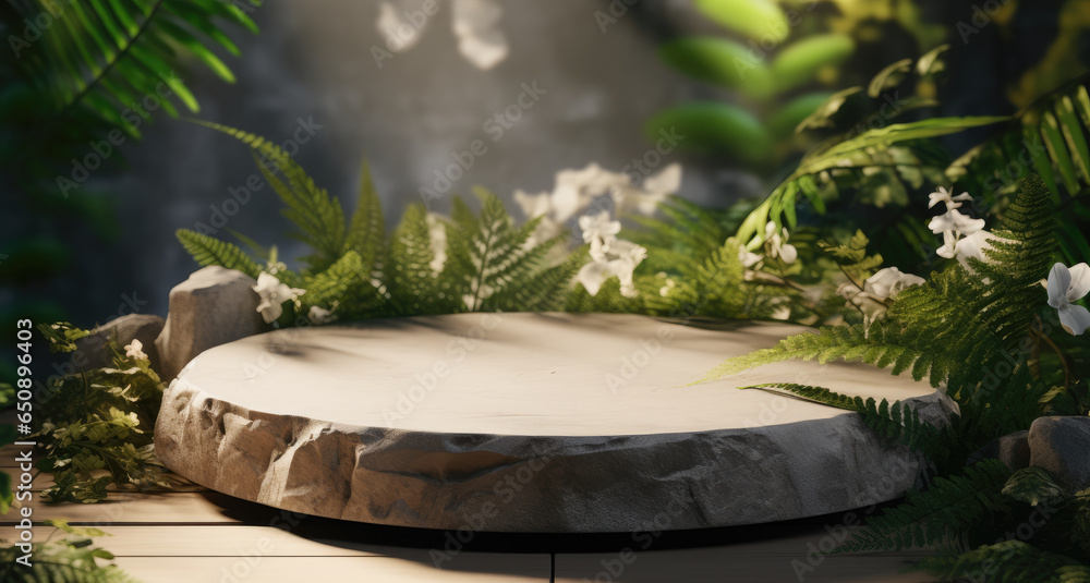 Natural stone and concrete podium in tropical forest, Empty showcase for packaging product presentation.