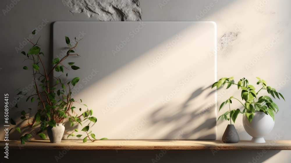 Old cracked plaster wall with Wisteria vine stems and Monstera leaves, Minimalist style.