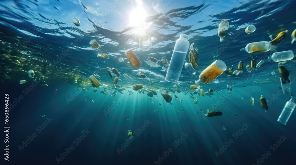 Ocean pollution, Plastic bottle floating in sea, Environmental conservation and ecology concept.